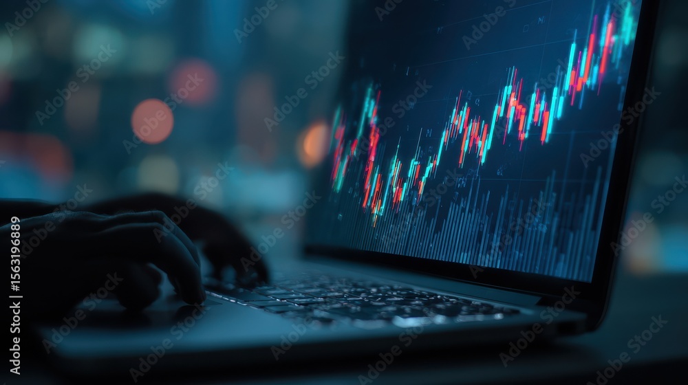 Poster algorithmic trading concept with virtual screen with growing stock market candlestick and circuit at