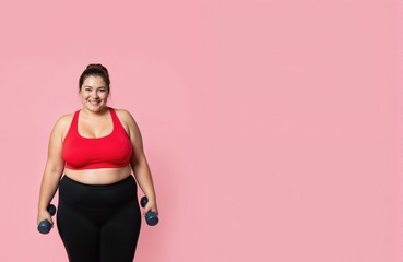 Smiling plus-size woman holds dumbbells on pink background. Overweight female workout for weight loss, energy boost. Body positive concept, healthy lifestyle. Curvy girl in sport clothes.