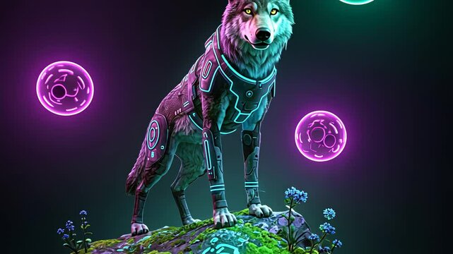 Sci-fi wolf in futuristic glowing armor on a mossy rock. Digital crypto metaverse animal character with neon elements and energy spheres.