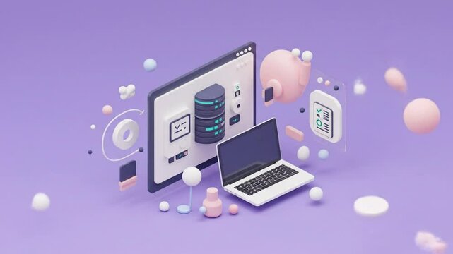 Data Flow Visualization: An artistic isometric representation of a digital data flow, illustrating interconnected devices and network components with a minimalist and modern design.