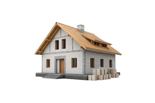 Two-story house with gray concrete block walls wooden roof frame under construction, isolated on a transparent background