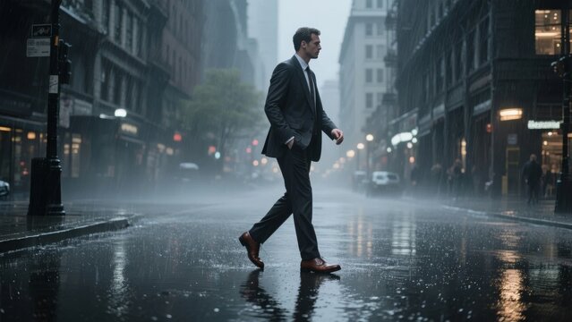 A man in a suit walks confidently across a wet, rain-splashed urban street.