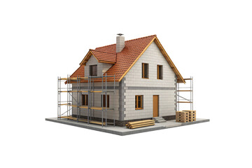 House under construction with scaffolding, orange tile roof, white walls, building materials visible around structure, isolated on a transparent background