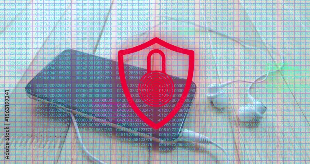 Poster code grid streaming across smartphone with pulsing shield emblem indicating security scanning