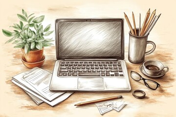 Fototapeta premium Creative workspace featuring a laptop, stationery, plants, and coffee during a productive afternoon