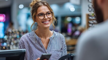 Smiling cashier in striped blouse watching customer pay at register with phone in eyeglasses store, no logos, no brands
