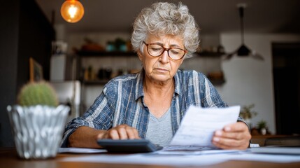 Senior mature business woman holding paper bill using calculator, old lady managing account finances, calculating money budget tax, planning banking loan debt pension payment sit at home office table