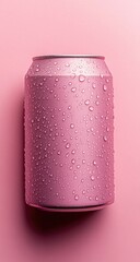 A single, pink aluminum can,  covered in water droplets, sits on a vibrant pink surface
