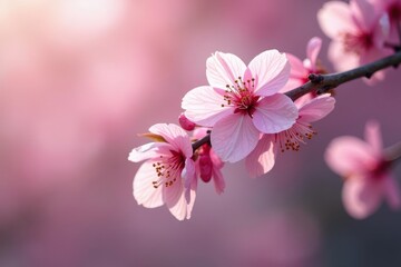 Obraz premium Pink cherry blossoms cascading down a branch, delicate petals , delicate, sakura blossom