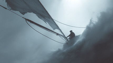 Dramatic lowangle shot of a sailor battling rough seas. Represents perseverance, challenge, strength, adventure. Powerful imagery for business, sports, or motivational content.