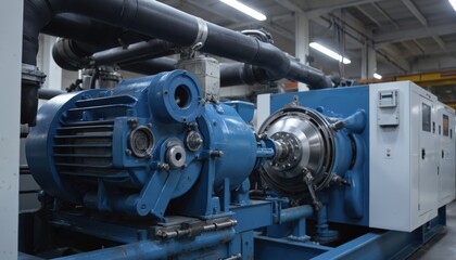 Obraz premium Powerful electric motor drives modern industrial equipment. Blue engine powers machinery in factory, plant. Steel pipes, construction, engineering, manufacturing. Generator, installation,