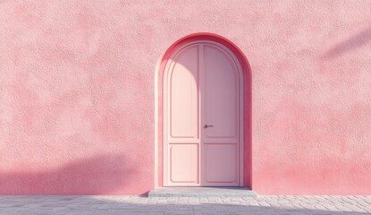 A pale pink stucco wall features a light pink arched doorway with a light beige door. Shadows cast on the wall