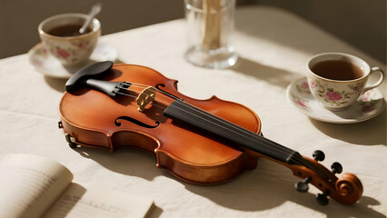Fototapeta premium Melodies and Mornings: A Violin with Tea on a Sunlit Table