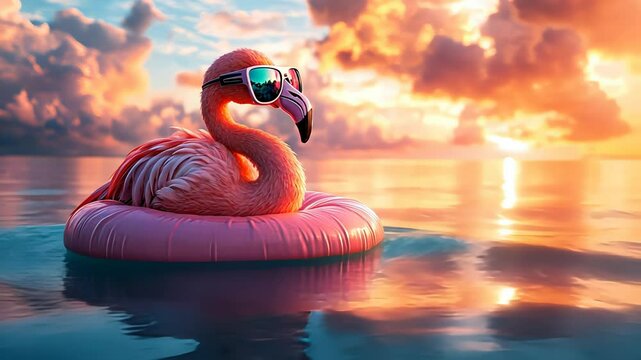 Flamingo bird wearing sunglasses and floating on a pink inflatable ring in water at sunset. Summer tropical vacation concept for travel, footage.