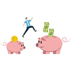 Businessman Jumping from Piggy Bank to Bigger Profits