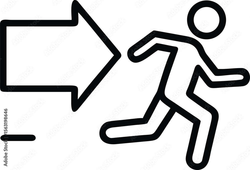 Poster emergency exit sign vector, outline running man and direction arrow icon graphic