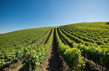 Vineyard rows in Napa Valley California under clear blue sky. Green grapevines in agriculture field, winery farm. Rural landscape, natural vine plantation. Summer harvest, wine making industry.