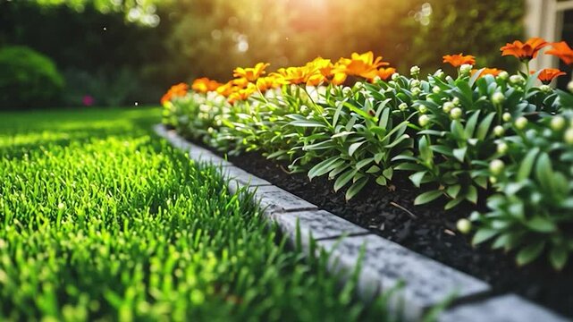 Lush green lawn with vibrant flowers and a stone border