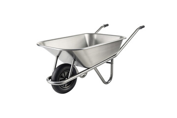 Stainless steel wheelbarrow with single wheel and dual handles for construction and gardening, isolated on a transparent background