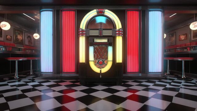 Retro diner interior with neon lights and jukebox