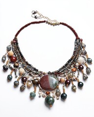 Obraz premium Handmade Beaded Necklace with Natural Stones on White Background
