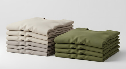Two stacks of folded t-shirts, one beige and one olive green, are neatly arranged against a plain white background.