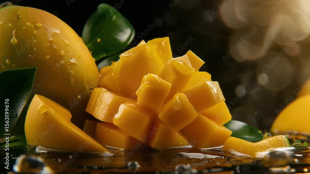 Poster Freshly cut mango slice on a table