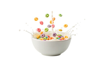 Colorful cereal bowl with milk splash, vibrant fruit loops flying upward in motion, isolated on a transparent background