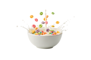 Colorful cereal bowl with milk splash, vibrant fruit loops flying upward in motion, isolated on a transparent background