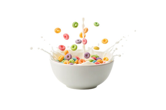 Colorful cereal bowl with milk splash, vibrant fruit loops flying upward in motion, isolated on a transparent background