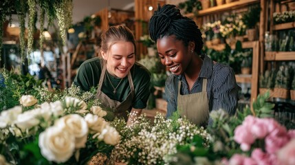 Two happy and smiling young woman florist working together in flower shop. Florist talking and making beautiful bouquet of flower together with her black colleague. Beautiful florists arranging bunch