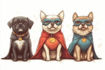Fototapeta premium Three dogs dressed as superheroes sit proudly in a playful pose, showcasing their colorful capes and masks in a whimsical illustration full of charm