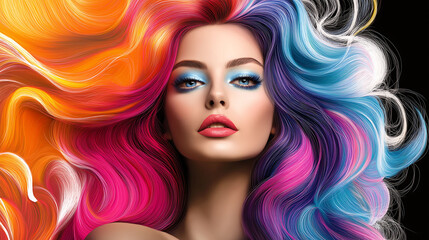 Fototapeta premium Beautiful woman with colorful hair and makeup. Beautiful face