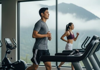 Asian couple exercising together on treadmills with a scenic mountain view