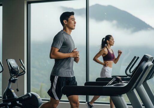 Asian couple exercising together on treadmills with a scenic mountain view