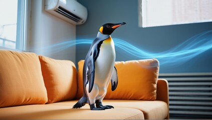 Cute penguin stands on a sofa with visible air conditioner, symbolizing cold, airflow, and surreal comfort.