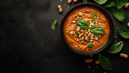 Spicy orange soup, topped with peanuts and basil, in dark bowl