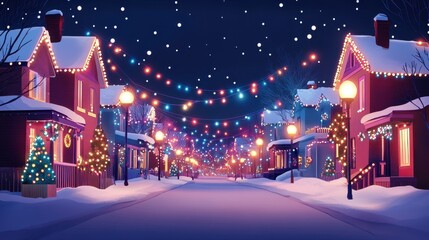 Fototapeta premium Colorful winter street with festive lights and decorations during a snowy night in a charming neighborhood