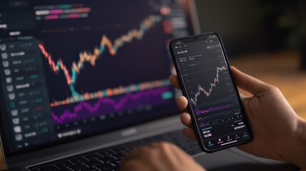 Business man trader investor analyst using mobile phone app analytics for cryptocurrency financial market analysis, trading data index chart graph on smartphone and laptop screen. Over shoulder view,