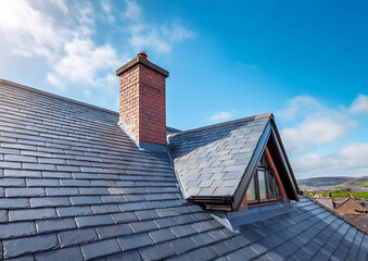 Slate tiled roof with red brick chimney against a blue sky