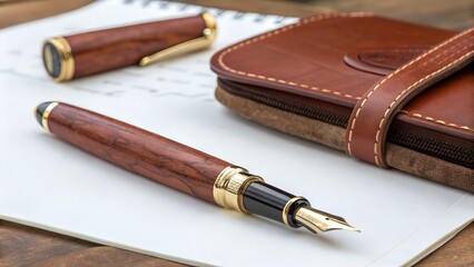 Fototapeta premium A sophisticated brown wooden fountain pen rests on a notepad next to a matching leather case, showcasing elegant design and quality craftsmanship