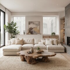 Japandi boho style living room interior. Beige sofa, rustic wood coffee table, jute rug. Minimalist home design with modern light furniture, indoor plants and cozy decor elements.