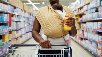 Close-up of a Black woman holding her baby in a fabric ring sling. Tenderness, motherhood, and care.