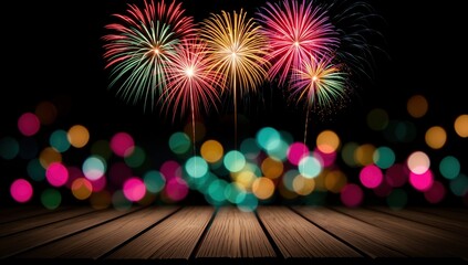 Colorful fireworks burst with glowing bokeh and wood surface in foreground. Celebration and festivity.