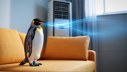 Cute penguin stands on a sofa with visible air conditioner, symbolizing cold, airflow, and surreal comfort.