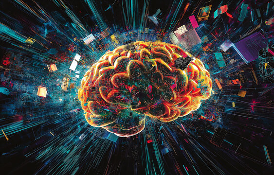 In the center is a colorful brain made of computer parts and exploding