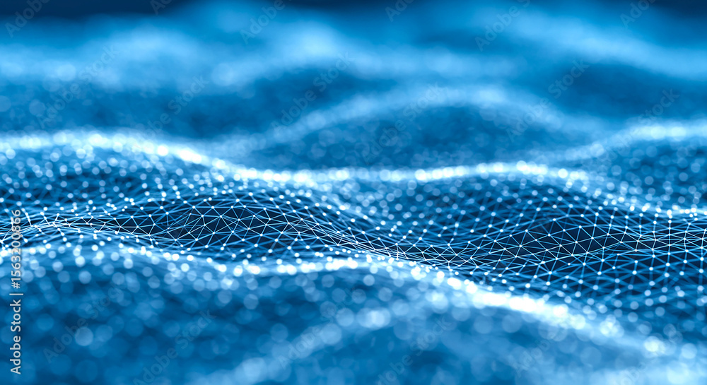 Poster a blue abstract background with a network of white lines and dots forming a wavy surface effect