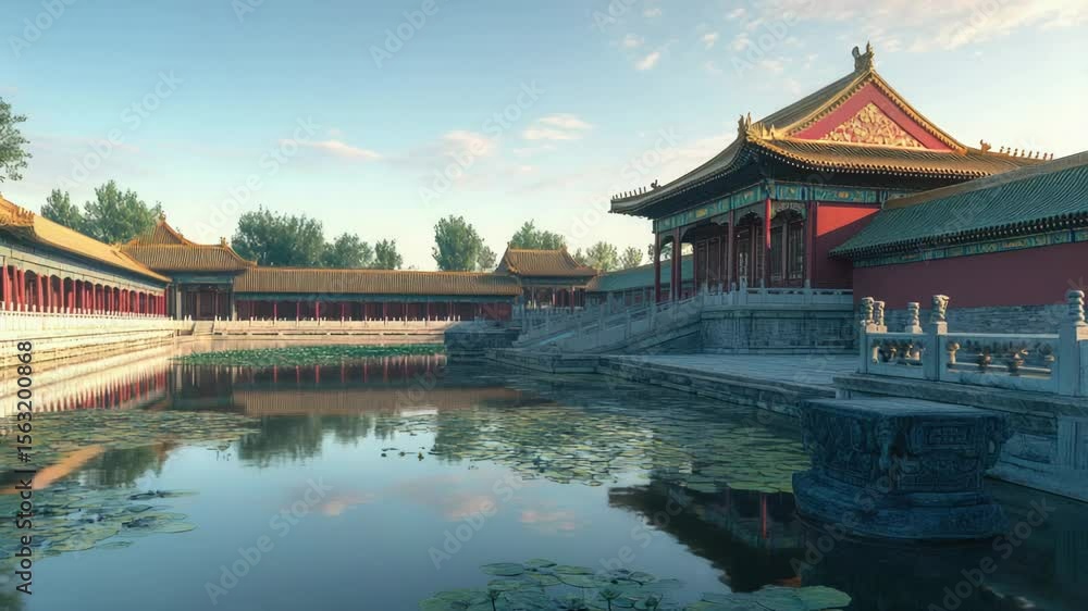 Aufkleber Image of a peaceful pond in front of a building with a functioning fountain