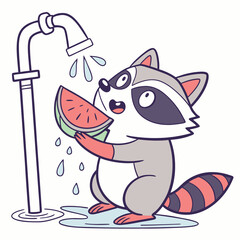 Funny cartoon illustration of a cute cat with a fish, a happy animal vector design