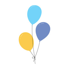 Bundle of balloons with strings, simple doodle outline, floating party decoration for birthday celebration. Flat vector illustration isolated on white background.